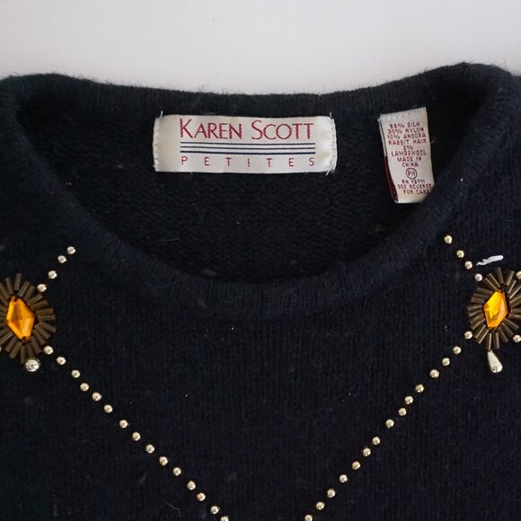 Vintage Karen Scott Black Embellished 58% Silk 2% Wool Sweater Holiday Glam PM - Picture 9 of 10